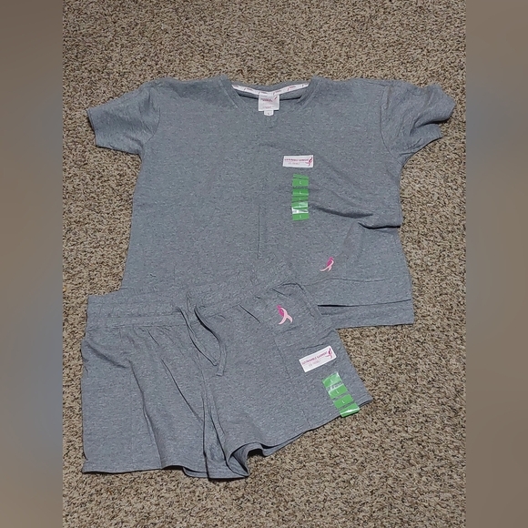 Susan G Komen Knit Short Set Gray Pink Pockets L DRAWSTRING Stretch Top 44x24 - Picture 1 of 4